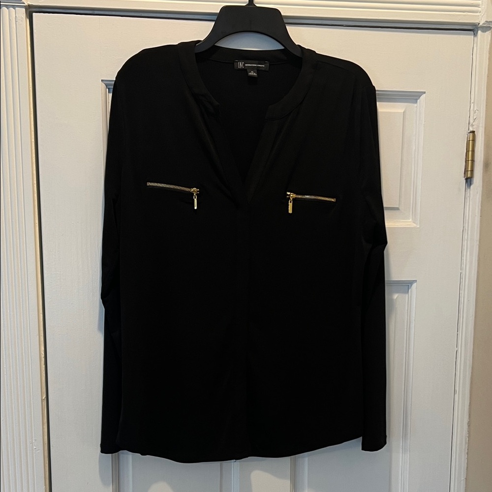 INC International Concepts Black Blouse with Gold Zipper Accents